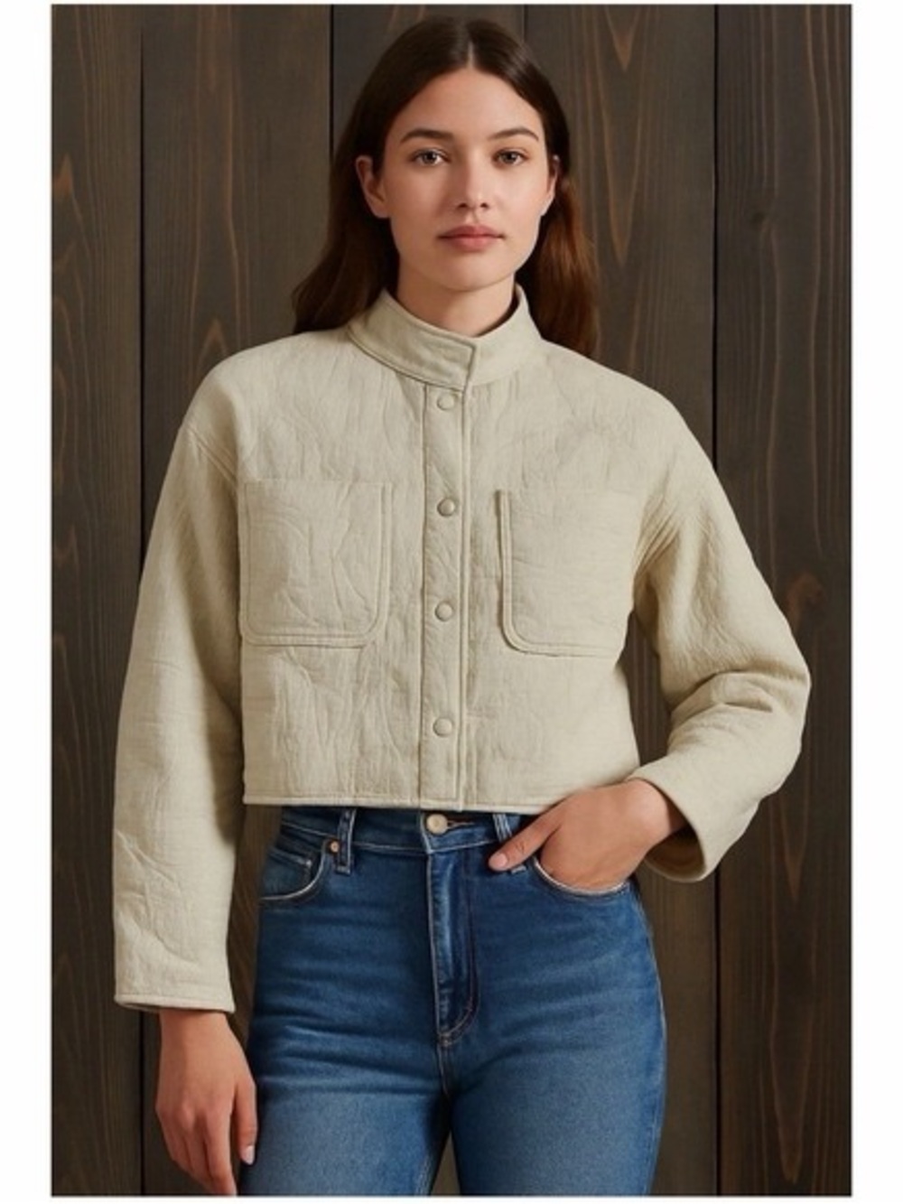 7 For All Mankind Beige Quilted Cropped Jacket Size M